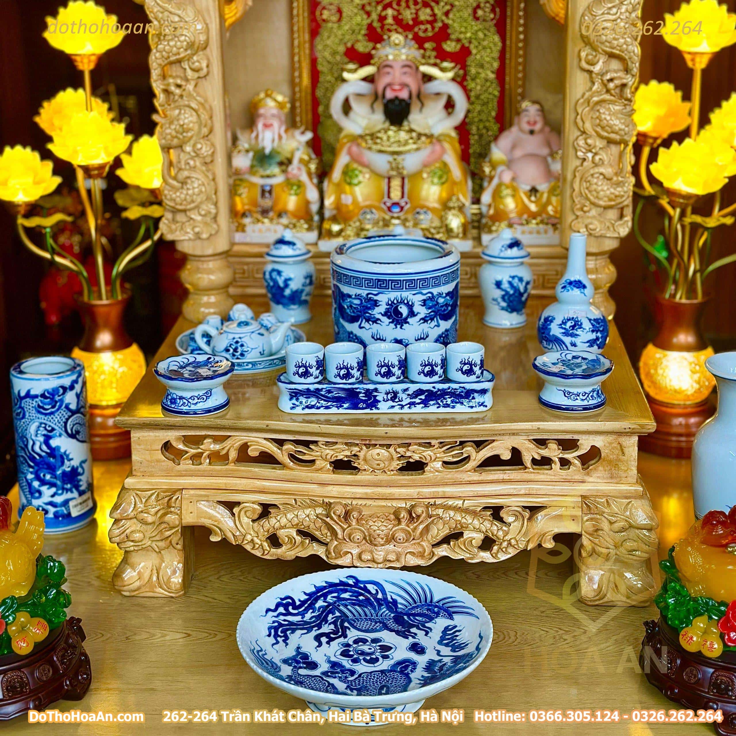 Bộ Ban Thờ Thần Tài Gỗ Pơmu 3 Mái Sứ Men Trắng (4)
