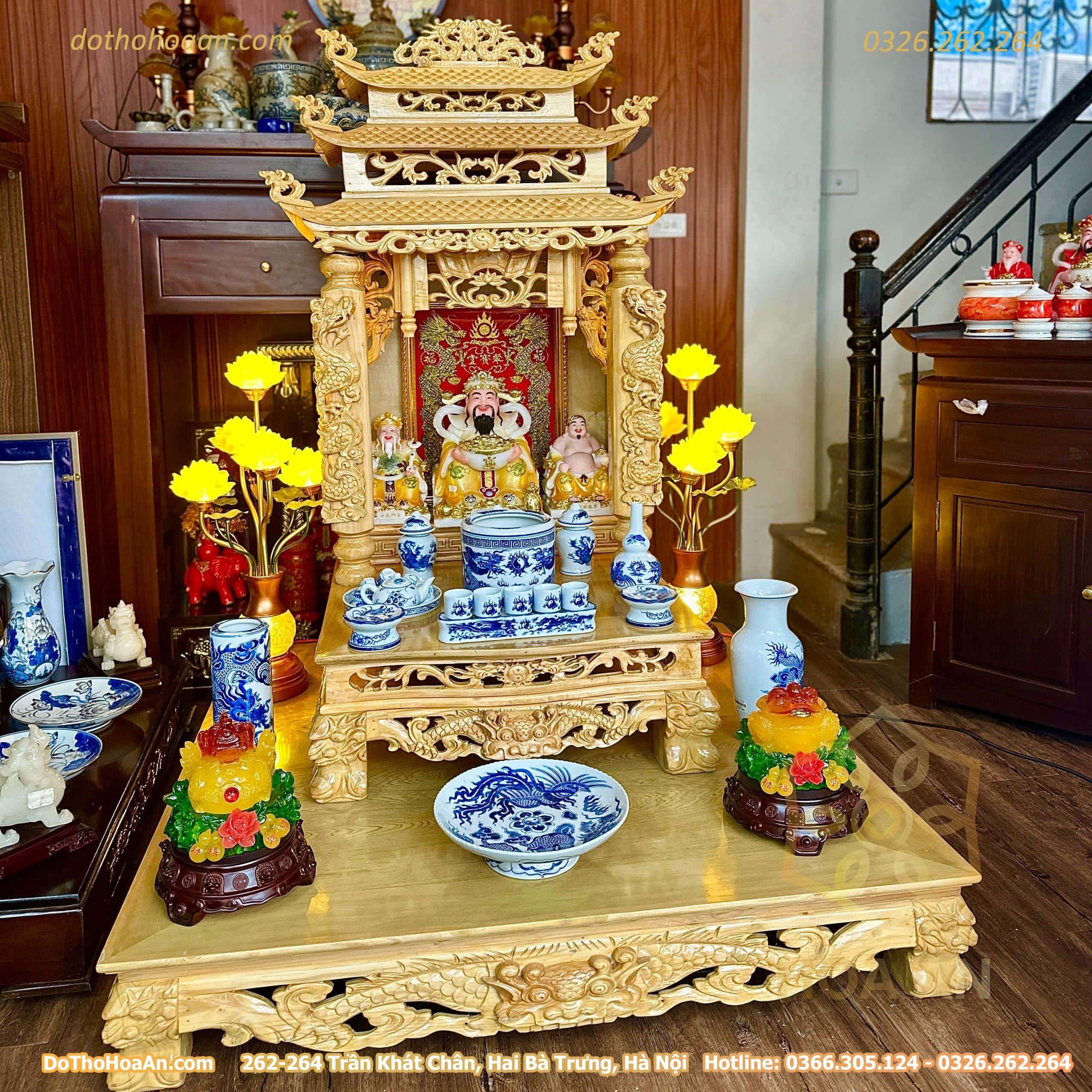 Bộ Ban Thờ Thần Tài Gỗ Pơmu 3 Mái Sứ Men Trắng (5)