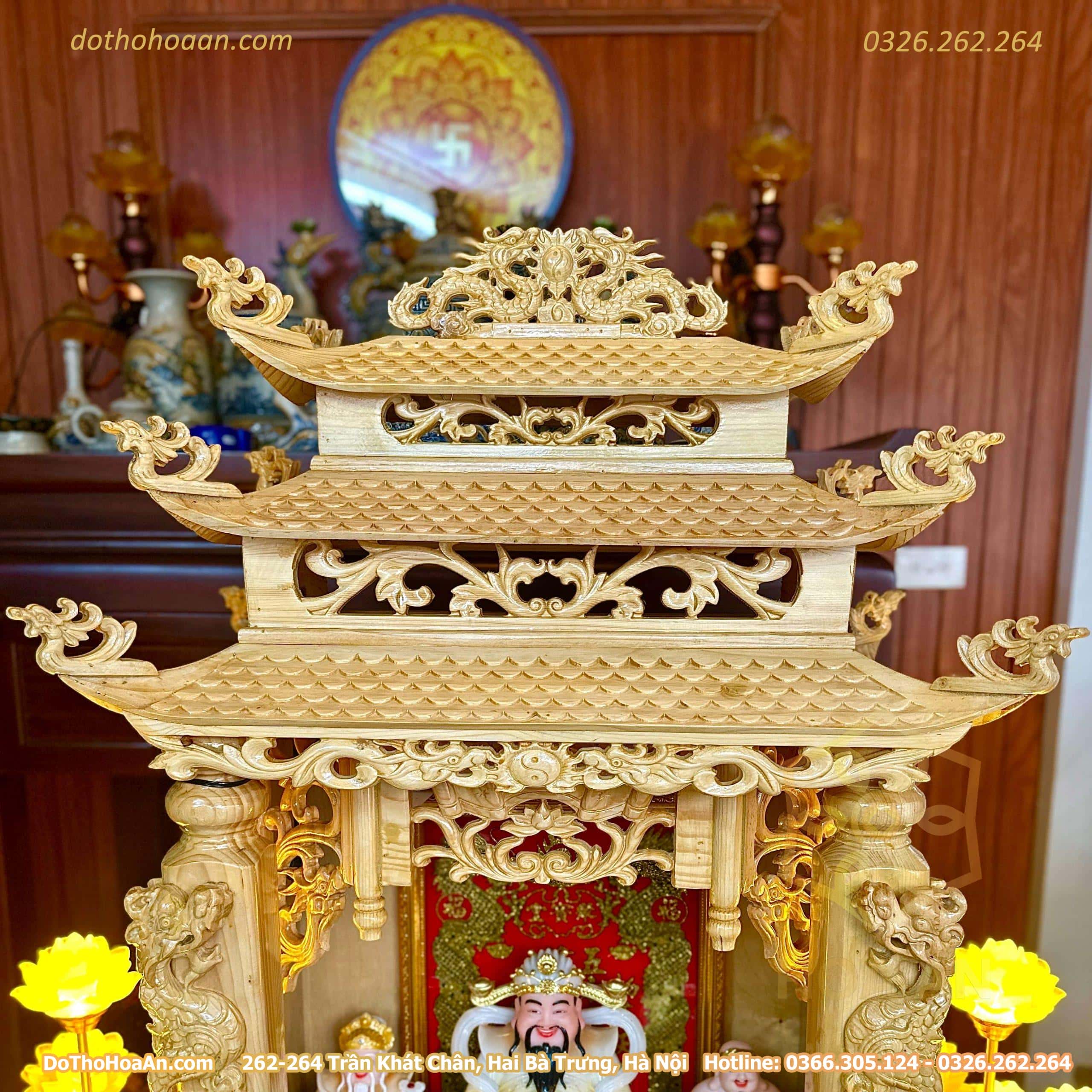 Bộ Ban Thờ Thần Tài Gỗ Pơmu 3 Mái Sứ Men Trắng (7)