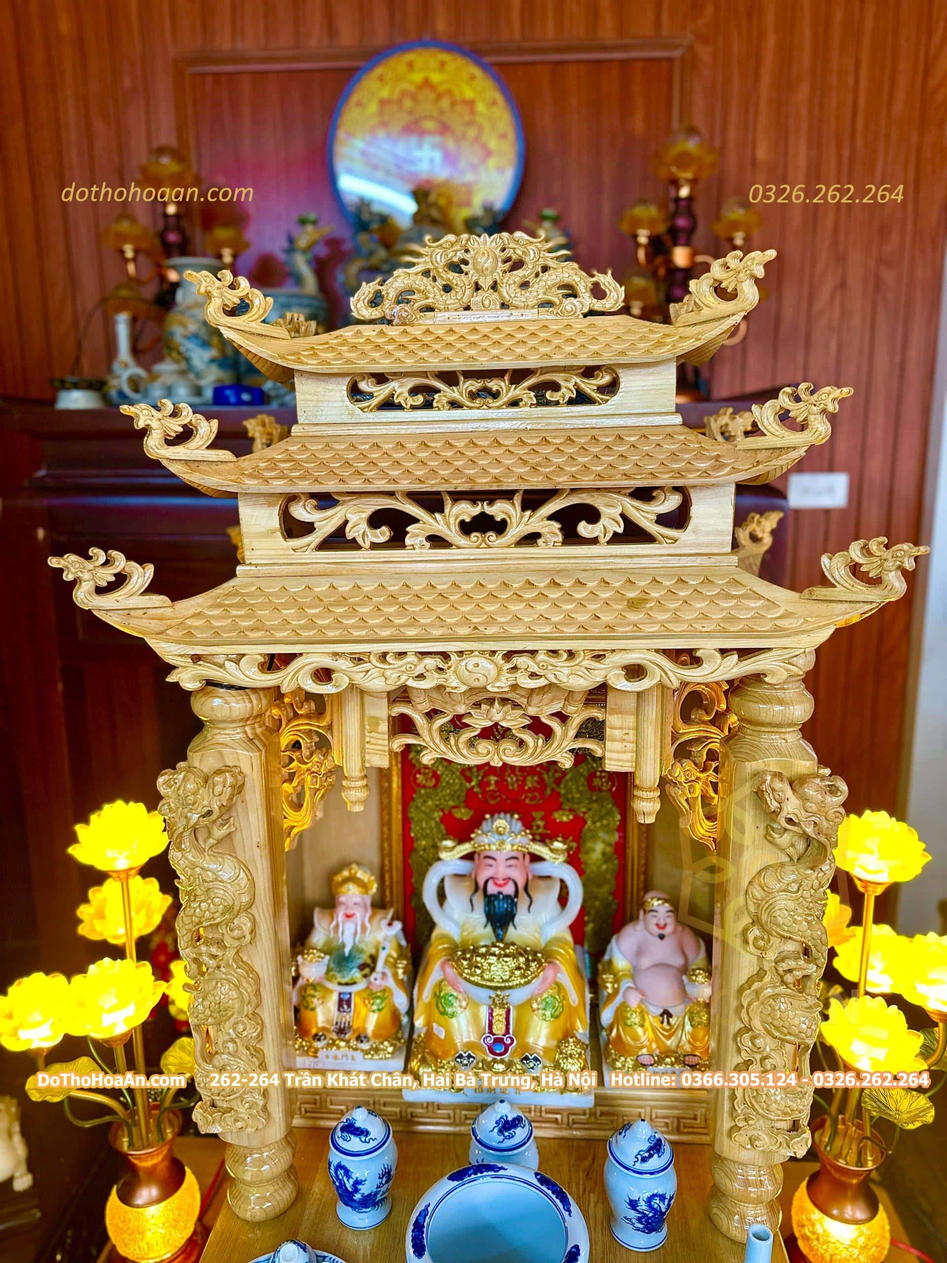 Bộ Ban Thờ Thần Tài Gỗ Pơmu 3 Mái Sứ Men Trắng (8)