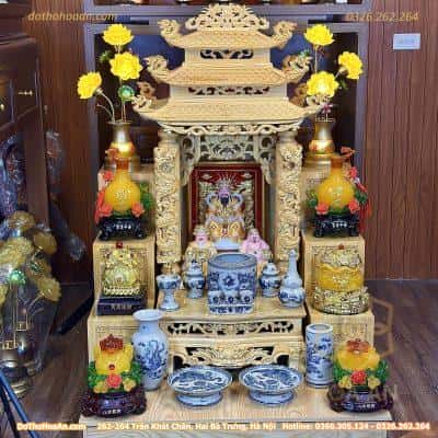 Bộ Ban Thờ Thần Tài Gỗ Pơmu 3 Mái Chùa Men Rạn Vẽ