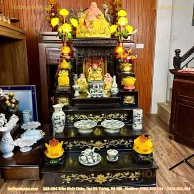 Bộ Ban Thờ Thần Tài Gỗ Sồi Hiện Đại Kết Hợp Kệ 3 Tầng Sứ Men Rạn Vẽ (3)
