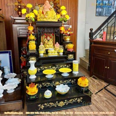 Bộ Ban Thờ Thần Tài Gỗ Sồi Hiện Đại Kết Hợp Kệ 3 Tầng Sứ Vân Đá Vàng
