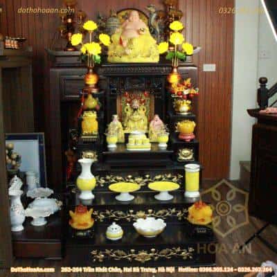 Bộ Ban Thờ Thần Tài Gỗ Sồi Hiện Đại Kết Hợp Kệ 3 Tầng Sứ Vân Đá Vàng