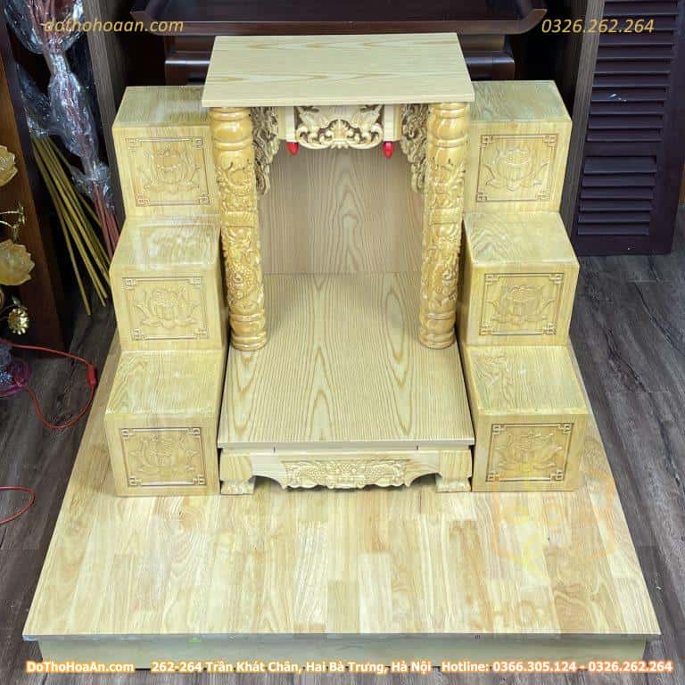 Bộ Ban Thờ Thần Tài Gỗ Xoan Mái Bằng Cột Rồng Chưa Đồ
