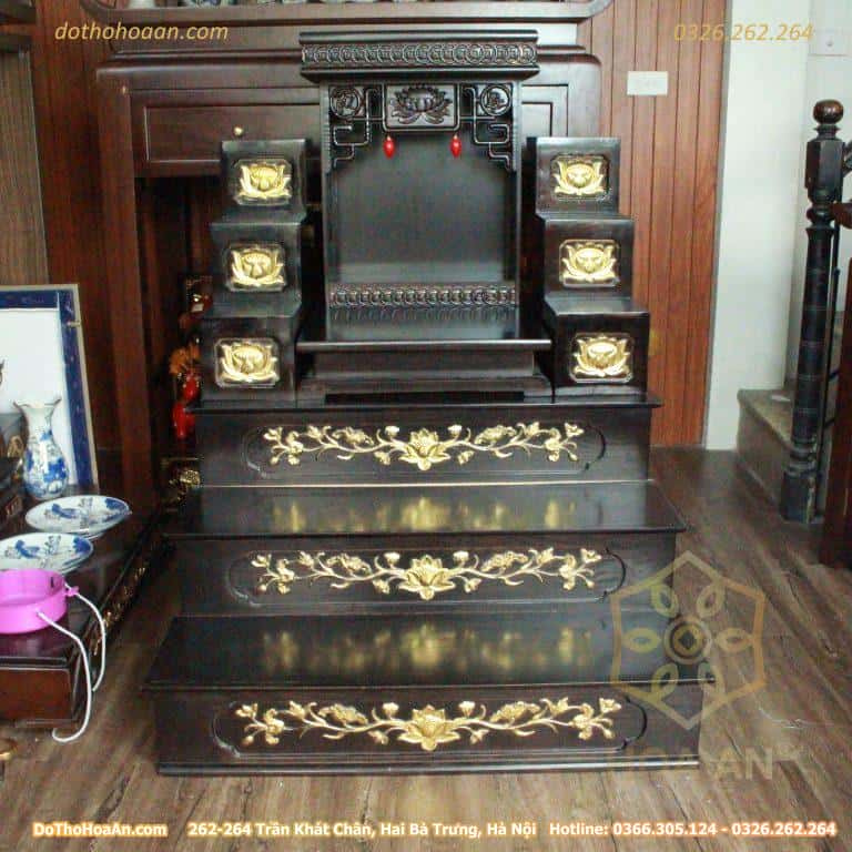Bộ Bàn Thờ Thần Tài Hiện Đại Gỗ Sồi Triện Sen Dát Vàng Chưa Đồ