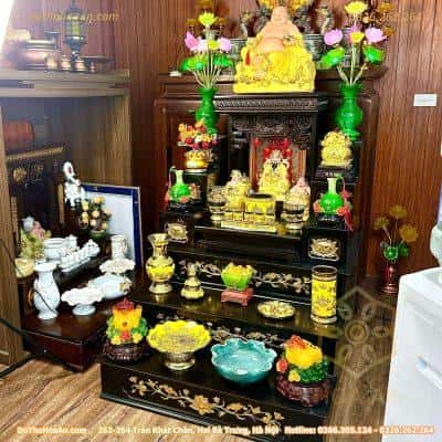 Bộ Bàn Thờ Thần Tài Hiện Đại Gỗ Sồi Triện Sen Dát Vàng Màu Nâu Sứ Kim Sa
