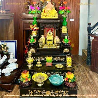 Bộ Bàn Thờ Thần Tài Hiện Đại Gỗ Sồi Triện Sen Dát Vàng Màu Nâu Sứ Kim Sa