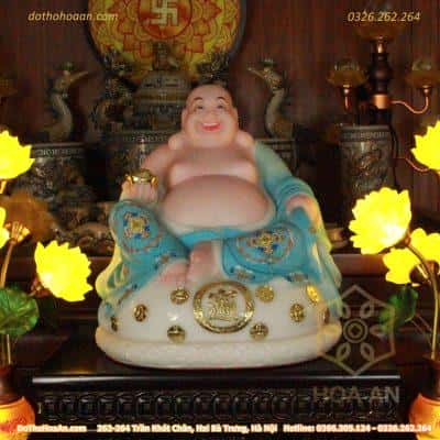 Bộ Bàn Thờ Thần Tài Hiện Đại Gỗ Sồi Triện Sen Dát Vàng Màu Nâu Sứ Men Lam Vẽ Vàng
