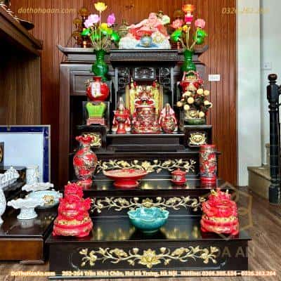 Bộ Ban Thờ Thần Tài Hiện Đại Kết Hợp Kệ 3 Tầng Men Đỏ Đắp Nổi Rồng Vẽ Vàng 24K