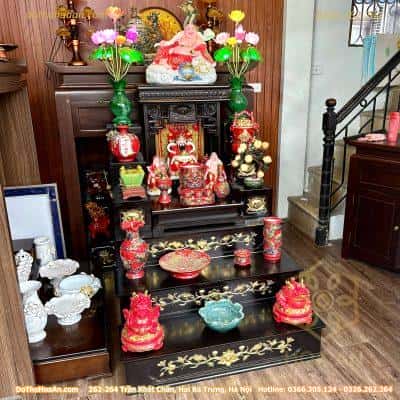 Bộ Ban Thờ Thần Tài Hiện Đại Kết Hợp Kệ 3 Tầng Men Đỏ Đắp Nổi Rồng Vẽ Vàng 24K