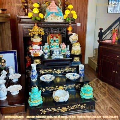 Bộ Ban Thờ Thần Tài Hiện Đại Kết Hợp Kệ 3 Tầng Sứ Men Lam Vẽ Vàng 24K