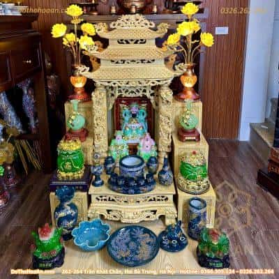 Bộ Ban Thờ Thần Tài Gỗ Pơmu 3 Mái Chùa Sứ Đắp Nổi Xanh Lục Bảo