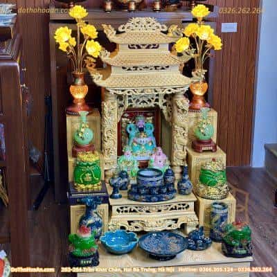 Bộ Ban Thờ Thần Tài Gỗ Pơmu 3 Mái Chùa Sứ Đắp Nổi Xanh Lục Bảo