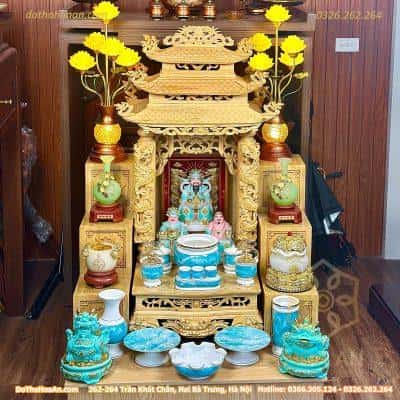 Bộ Ban Thờ Thần Tài Thổ Địa Gỗ Pơmu 3 Mái Chùa Cột Rồng Sứ Vân Đá Xanh