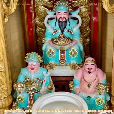 Bộ Ban Thờ Thần Tài Thổ Địa Gỗ Pơmu 3 Mái Chùa Cột Rồng Sứ Vân Đá Xanh