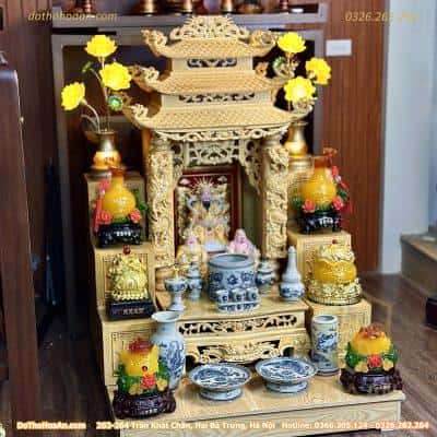Bộ Ban Thờ Thần Tài Gỗ Pơmu 3 Mái Chùa Men Rạn Vẽ
