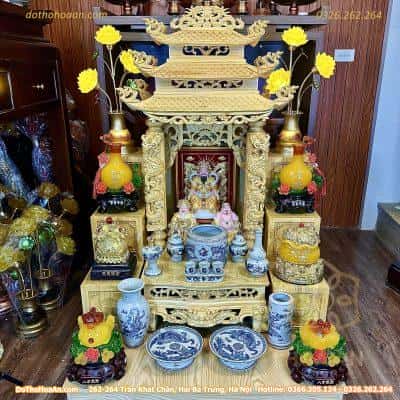 Bộ Ban Thờ Thần Tài Gỗ Pơmu 3 Mái Chùa Men Rạn Vẽ