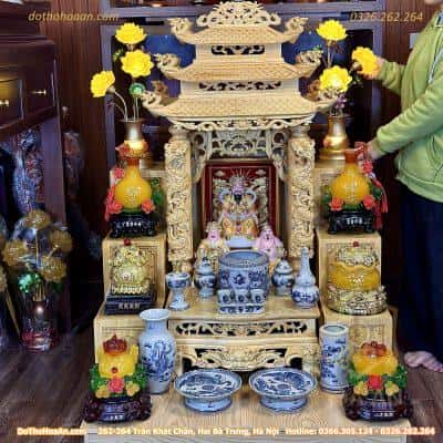 Bộ Ban Thờ Thần Tài Gỗ Pơmu 3 Mái Chùa Men Rạn Vẽ