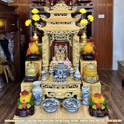 Bộ Ban Thờ Thần Tài Gỗ Pơmu 3 Mái Chùa Men Rạn Vẽ