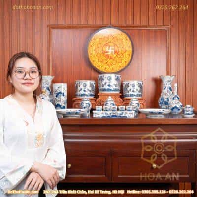 Bộ Đồ Thờ Gia Tiên Men Lam Vẽ Vàng 24K 1 BTGTLVV1