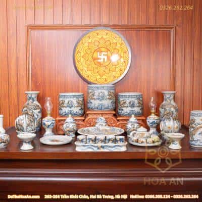 Bộ Đồ Thờ Gia Tiên Men Rạn Đắp Nổi BTGTMRDN4