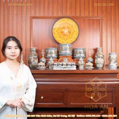 Bộ Đồ Thờ Gia Tiên Men Rạn Đắp Nổi BTGTMRDN4
