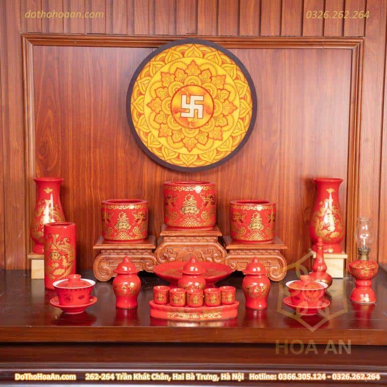 Bộ Đồ Thờ Gia Tiên Sứ Đỏ Bát Tràng