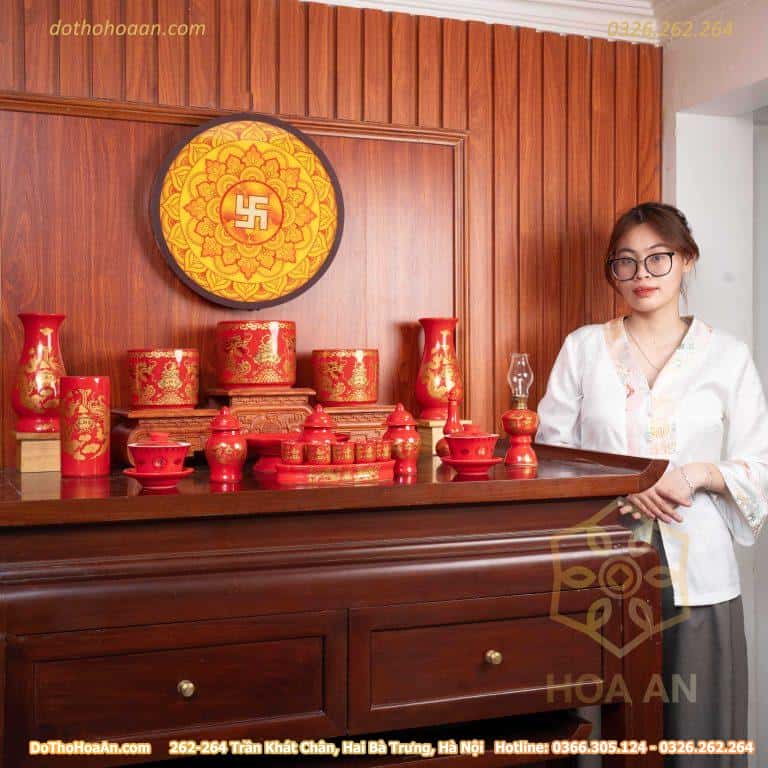 Bộ Đồ Thờ Gia Tiên Sứ Đỏ Bát Tràng