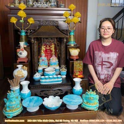 Bộ Ban Thờ Thần Tài Gỗ Gụ Một Mái Chùa Kết Hợp Sứ Vân Đá Xanh