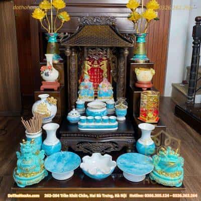 Bộ Ban Thờ Thần Tài Gỗ Gụ Một Mái Chùa Kết Hợp Sứ Vân Đá Xanh
