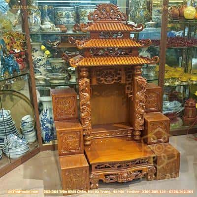 Ban Thờ Thần Tài 3 Mái Chùa Gỗ Xoan Màu Hương Và Bục Tam Cấp Bàn Thờ Thần Tài Xoan Màu Hương Đục Sen1