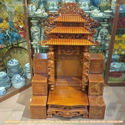 Ban Thờ Thần Tài 3 Mái Chùa Gỗ Xoan Màu Hương Và Bục Tam Cấp Bàn Thờ Thần Tài Xoan Màu Hương Đục Sen2