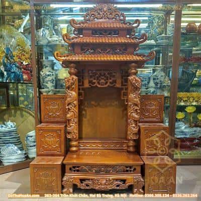 Ban Thờ Thần Tài 3 Mái Chùa Gỗ Xoan Màu Hương Và Bục Tam Cấp Bàn Thờ Thần Tài Xoan Màu Hương Đục Sen4