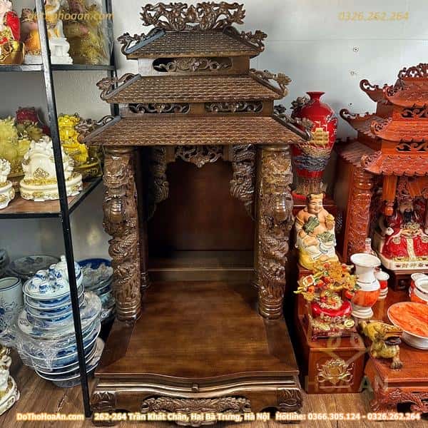 Ban Thờ Thần Tài Gỗ Gụ 3 Mái Cột Rồng Nổi