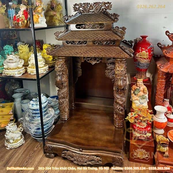 Ban Thờ Thần Tài Gỗ Gụ 3 Mái Cột Rồng Nổi1