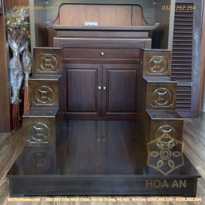 Kệ Kê Bàn Thờ Thần Tài Đục Trơn Gỗ Xoan Đào Và Bục Tam Cấp Kê Bàn Thờ Thần Tài Gỗ Thông Màu Óc Chó Đục Tiền
