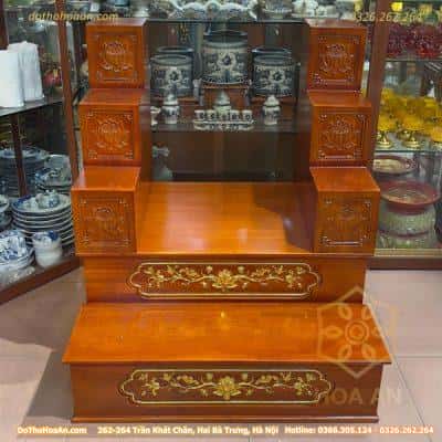 Kệ Kê Nhị Cấp 2 Cấp Ban Thờ Gỗ Xoan Màu Hương Dát Vàng Và Bục Tam Cấp Bàn Thờ Thần Tài Xoan Màu Hương Đục Sen2