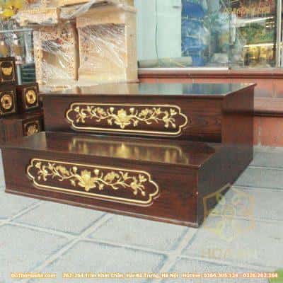 Kệ Kê Nhị Cấp/ 2 Cấp Ban Thờ Gỗ Xoan Vân Màu Óc Chó Dát Vàng4