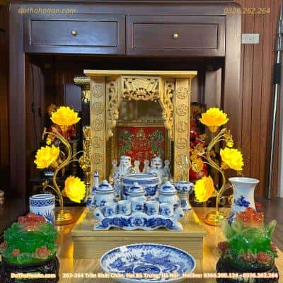 Bộ Ban Thờ Thần Tài Gỗ Công Nghiệp Sứ Men Lam