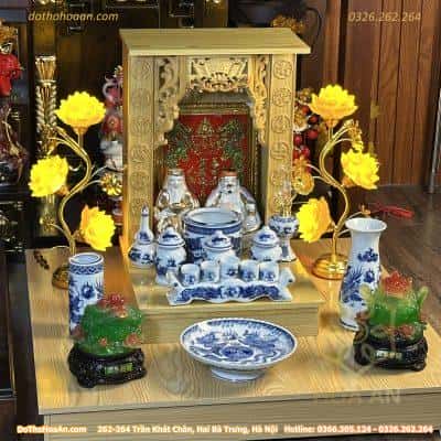 Bộ Ban Thờ Thần Tài Gỗ Công Nghiệp Sứ Men Lam