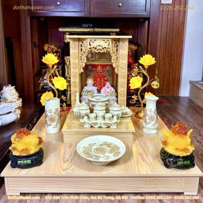 Bộ Ban Thờ Thần Tài Gỗ Công Nghiệp Sứ Vàng Ngà