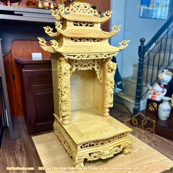 Ban Thờ Thần Tài 3 Mái Cột Rồng Gỗ Pơmu
