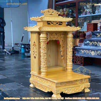 Ban Thờ Thần Tài Cột Rồng Gỗ Xoan Đào 2 Mái Chùa Màu Vàng1
