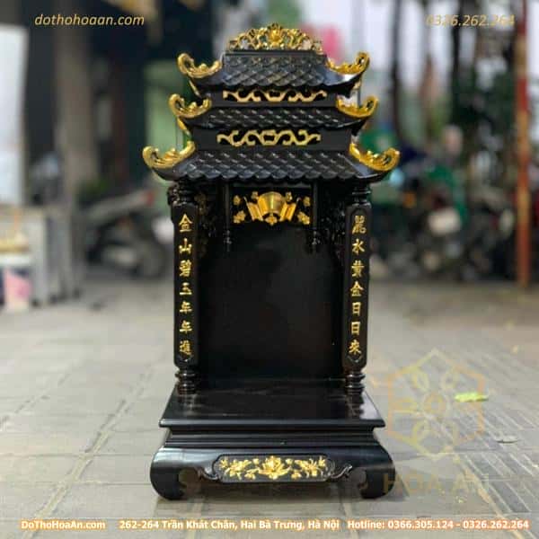 Bàn Thờ Thần Tài Gỗ Hương Dát Vàng 3 Mái Chùa Bàn Thờ Thần Tài Gỗ Hương Dát Vàng 3 Mái Chùa Màu Đen