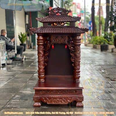 Ban Thờ Thần Tài Gỗ Xoan Đào Cột Rồng 2 Mái Chùa Màu Nâu