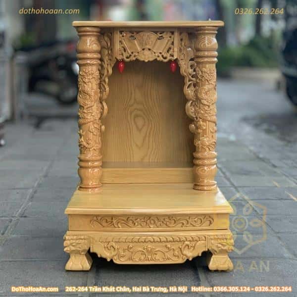Bàn Thờ Thần Tài Gỗ Xoan Mái Bằng Cột Rồng Màu Óc Chó