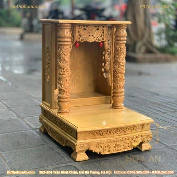 Bàn Thờ Thần Tài Gỗ Xoan Mái Bằng Cột Rồng Màu Óc Chó1