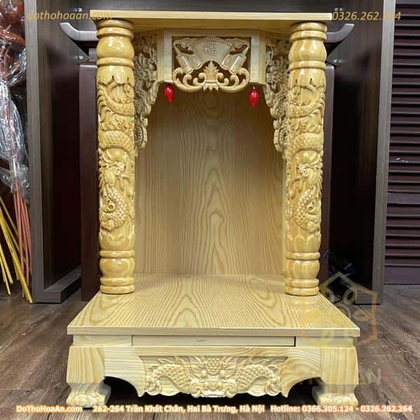 Bàn Thờ Thần Tài Gỗ Xoan Mái Bằng Cột Rồng Màu Vàng1