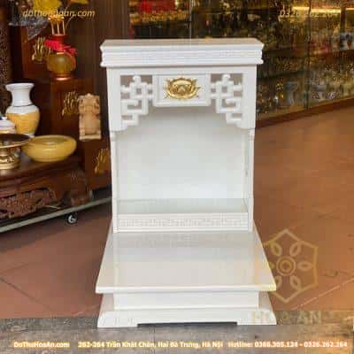 Bàn Thờ Thần Tài Hiện Đại Gỗ Sồi Triện Sen Dát Vàng Màu Trắng1